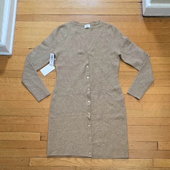 NWT, Aritzia Wilfred, Button Front Mini Cardigan Dress, Heather Gold Camel, L - Picture 1 of 16